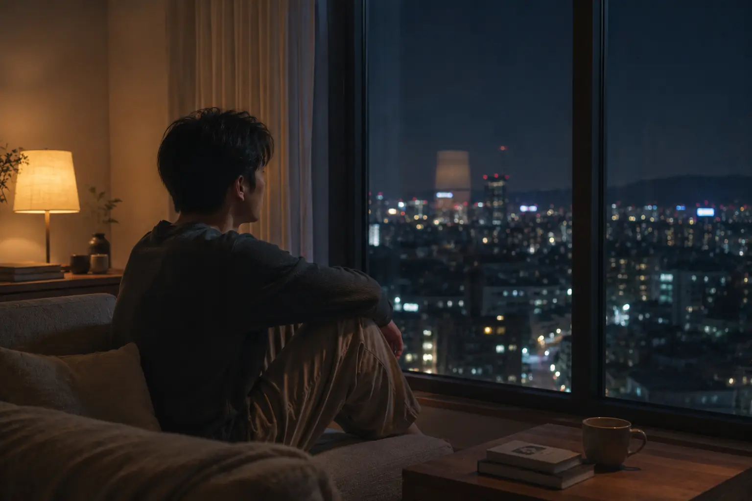 夜晚望向窗外，思考低頻情緒帶來的反應模式
