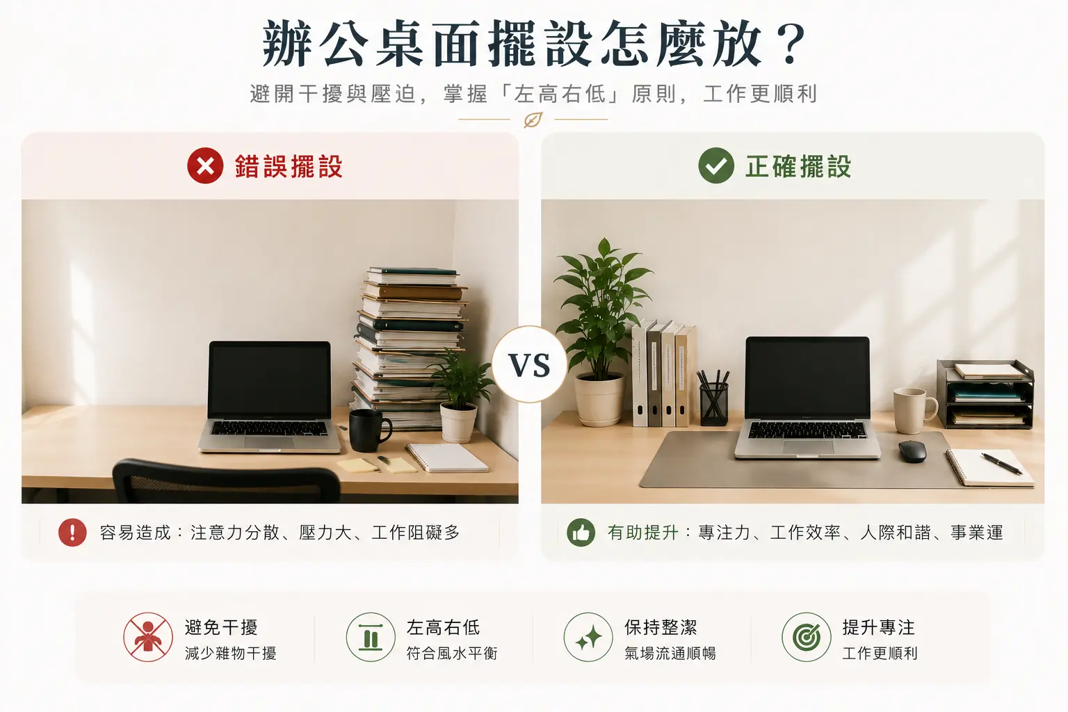 辦公桌面風水擺設:保持整潔並遵循左高右低原則