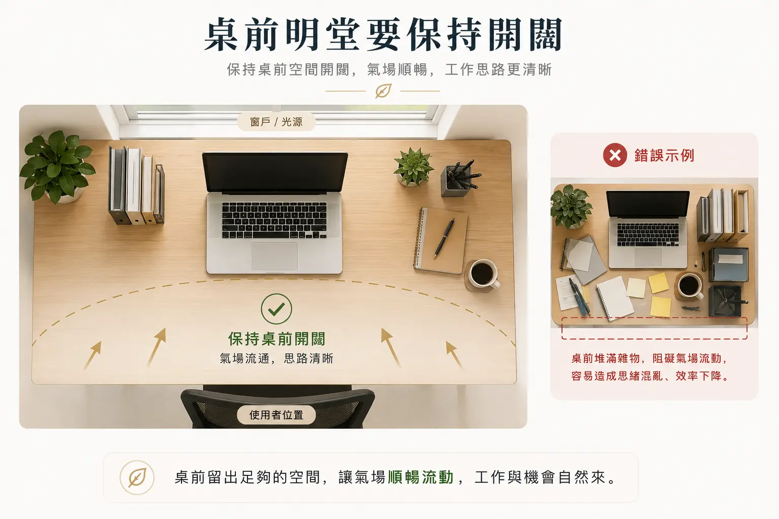 辦公桌明堂風水:保持桌前空間開闊,讓氣場順暢流動