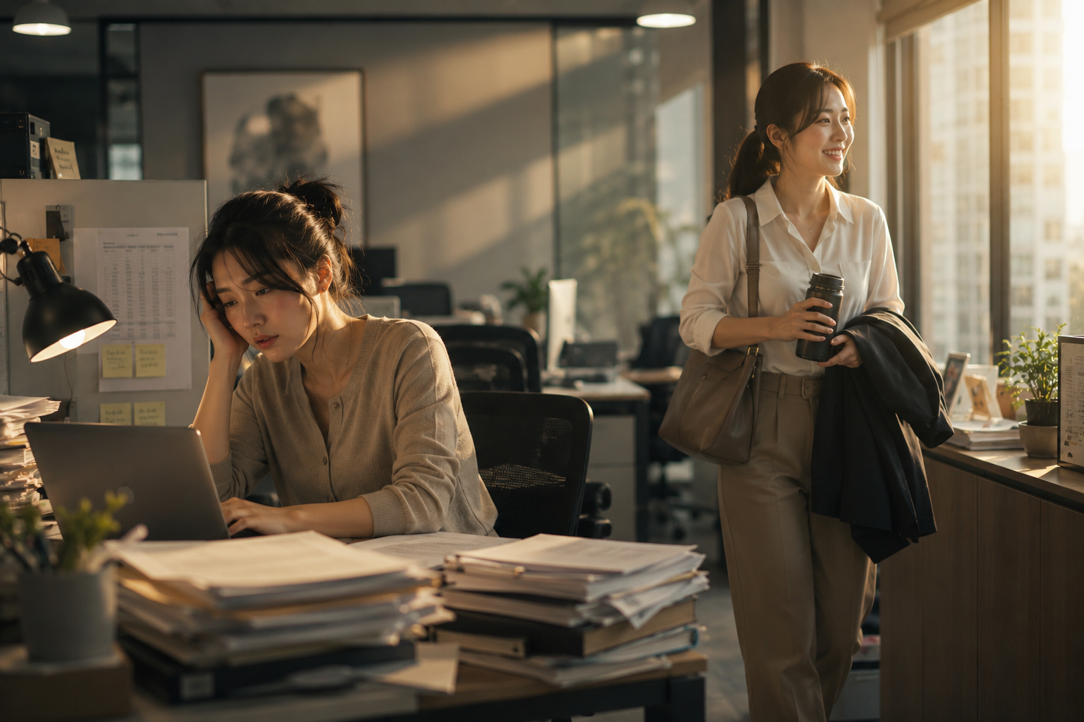 職場女性工作疲憊，同事準時離開，象徵建立界線與先照顧自己