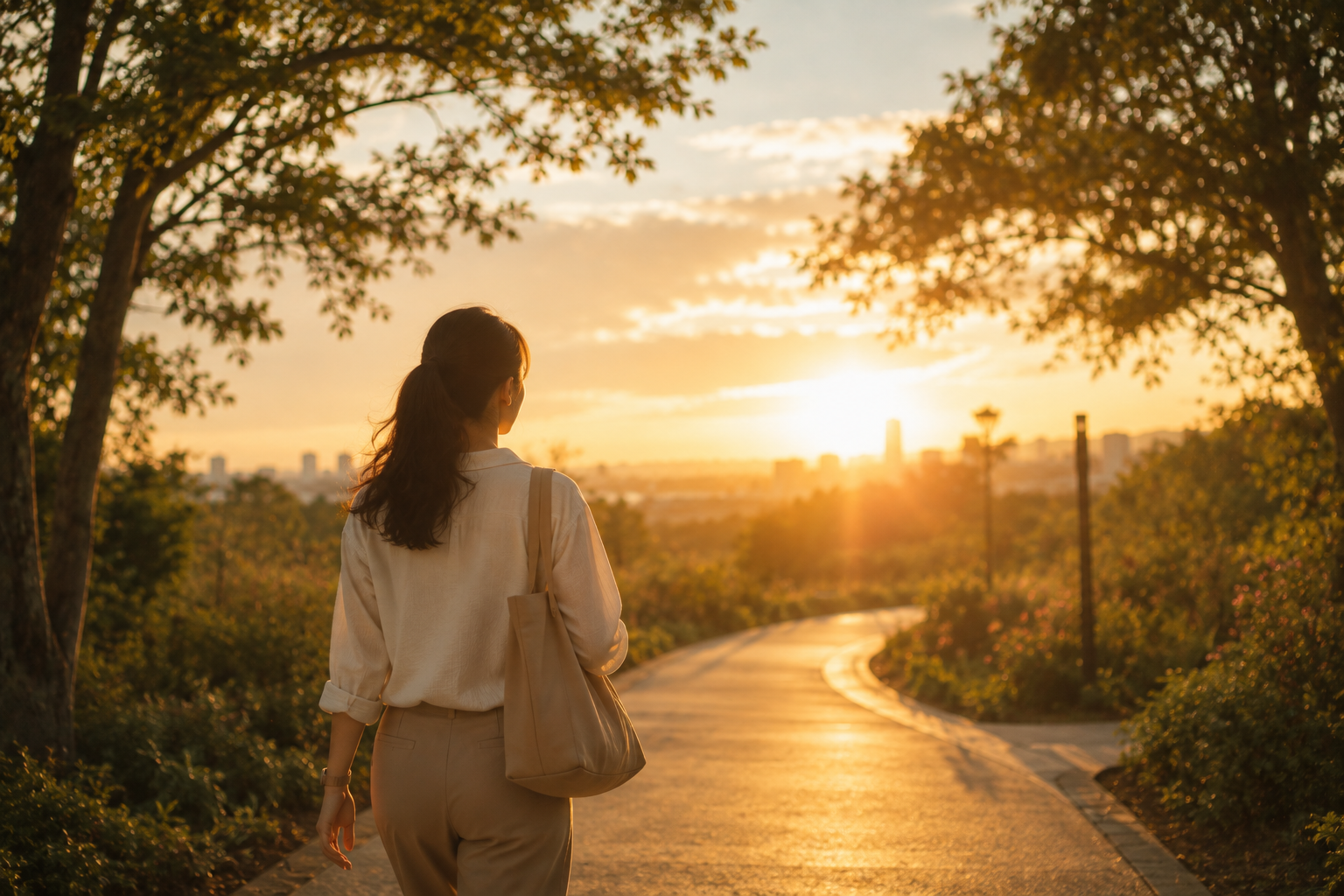 女性走向夕陽與遠方，象徵轉念後拿回自己的力量